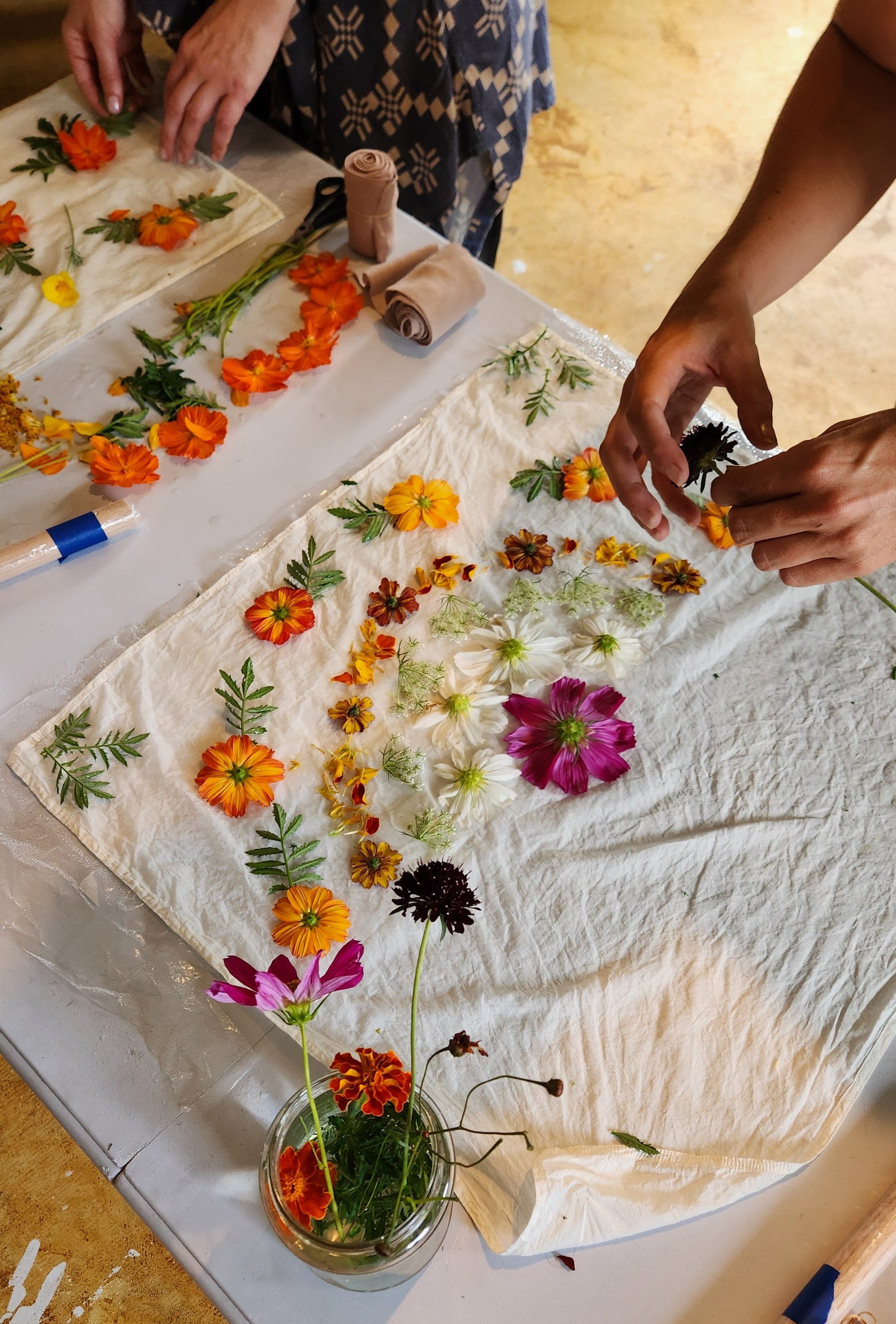 Eco printing and woggle workshop scene at Alloy Atelier, showcasing hands-on eco-friendly textile printing and woggle creation.