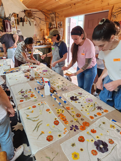 Eco printing and woggle workshop scene featuring participants working on natural dyeing and crafting fabric accessories at Alloy Atelier.