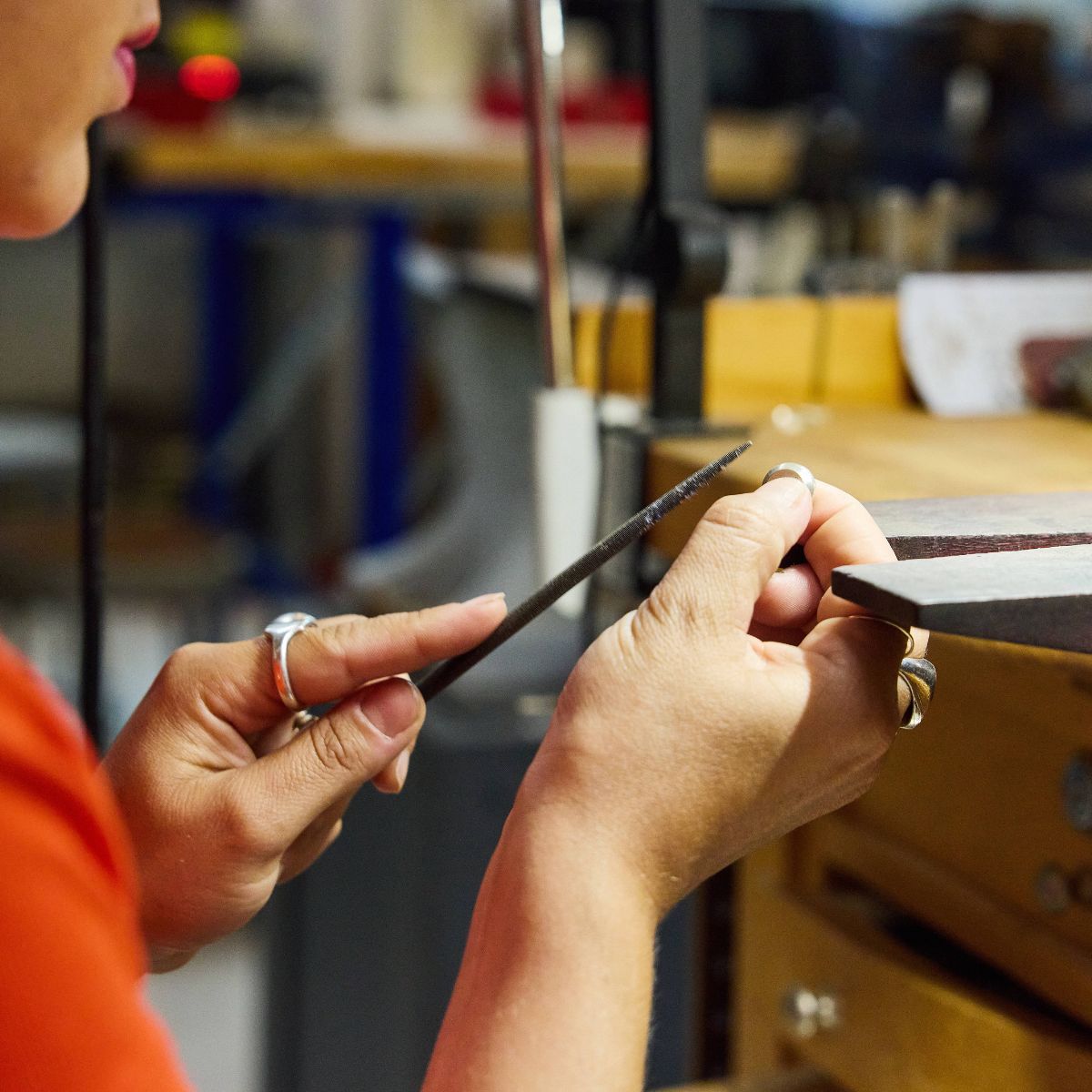 Jewelry class by Alloy Atelier featuring various jewelry-making tools and materials on a table.
