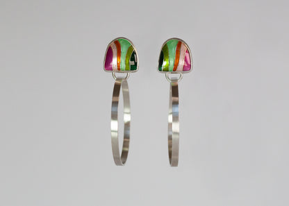 Pink and green flat metal hoops from Echo Metals, stylish Loopy Hoops jewelry with a modern design.