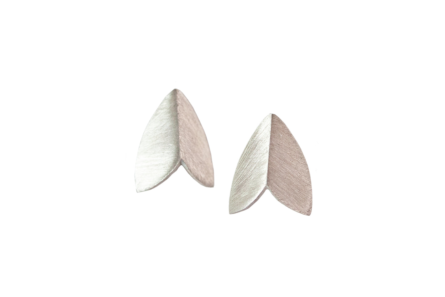 Brushed silver moth wing stud earrings by Ellyse Bendillo featuring detailed, lightweight metal design on a white background.