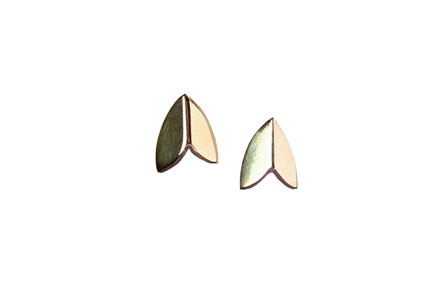 Pair of polished brass moth wing stud earrings by Ellyse Bendillo, showcasing intricate wing details and a shiny finish.