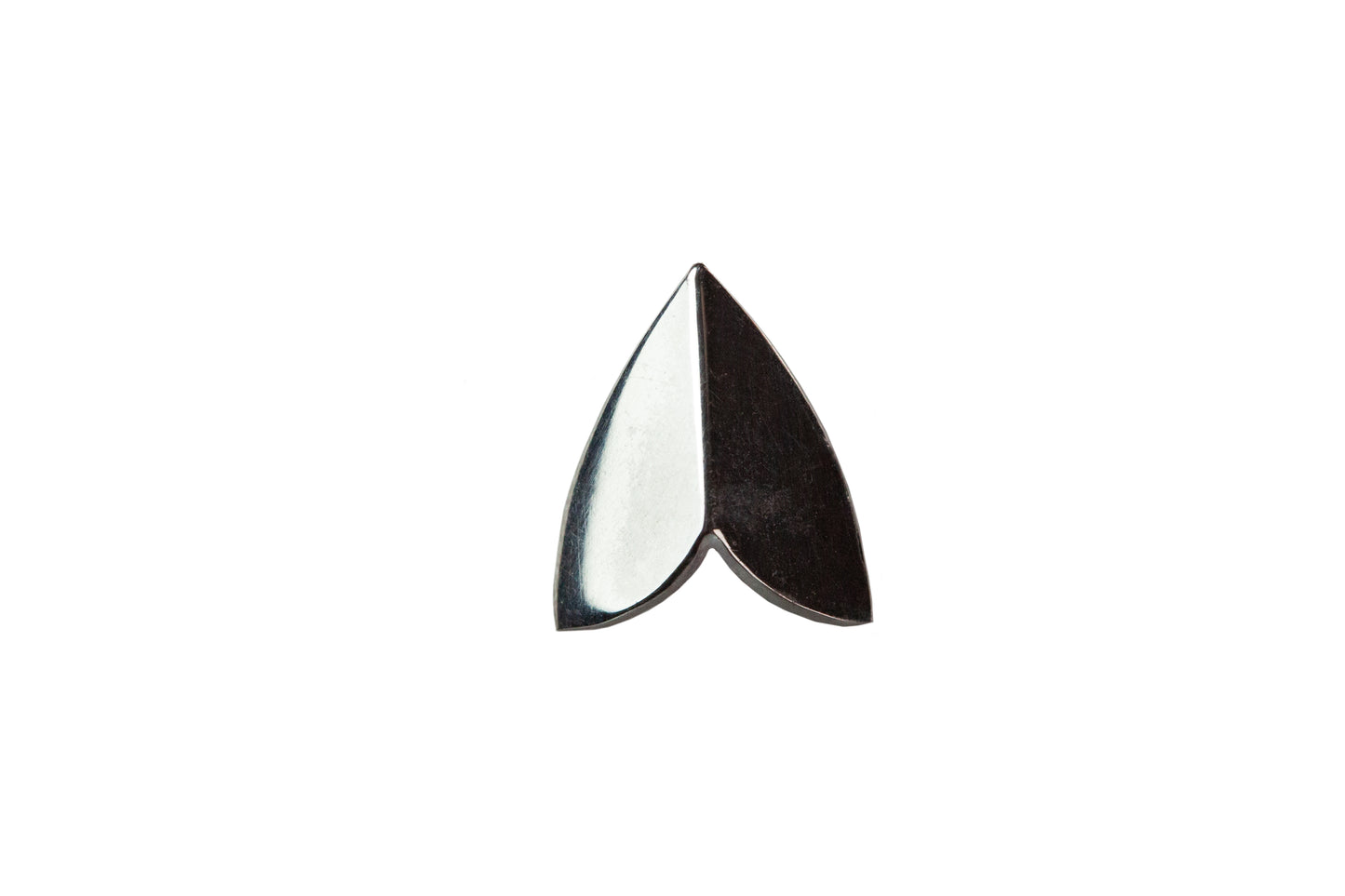 Close-up of polished silver moth wing stud earrings by Ellyse Bendillo, showcasing intricate wing details and shiny finish.
