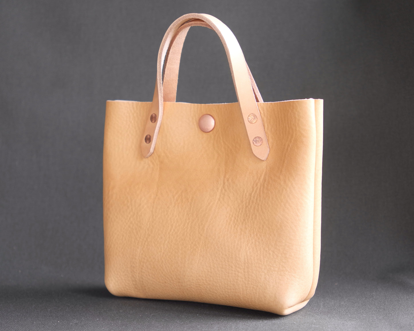 Natural leather mini tote bag by Spartan Made, showing the front view with a sleek, minimalist design and sturdy handles.