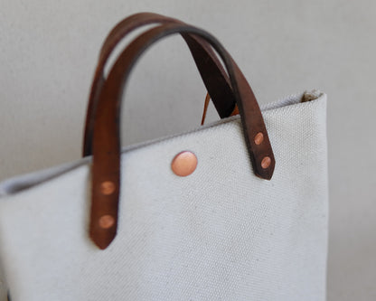 Spartan Made mini canvas tote bag showing front detail with sturdy handles and compact design for everyday use.